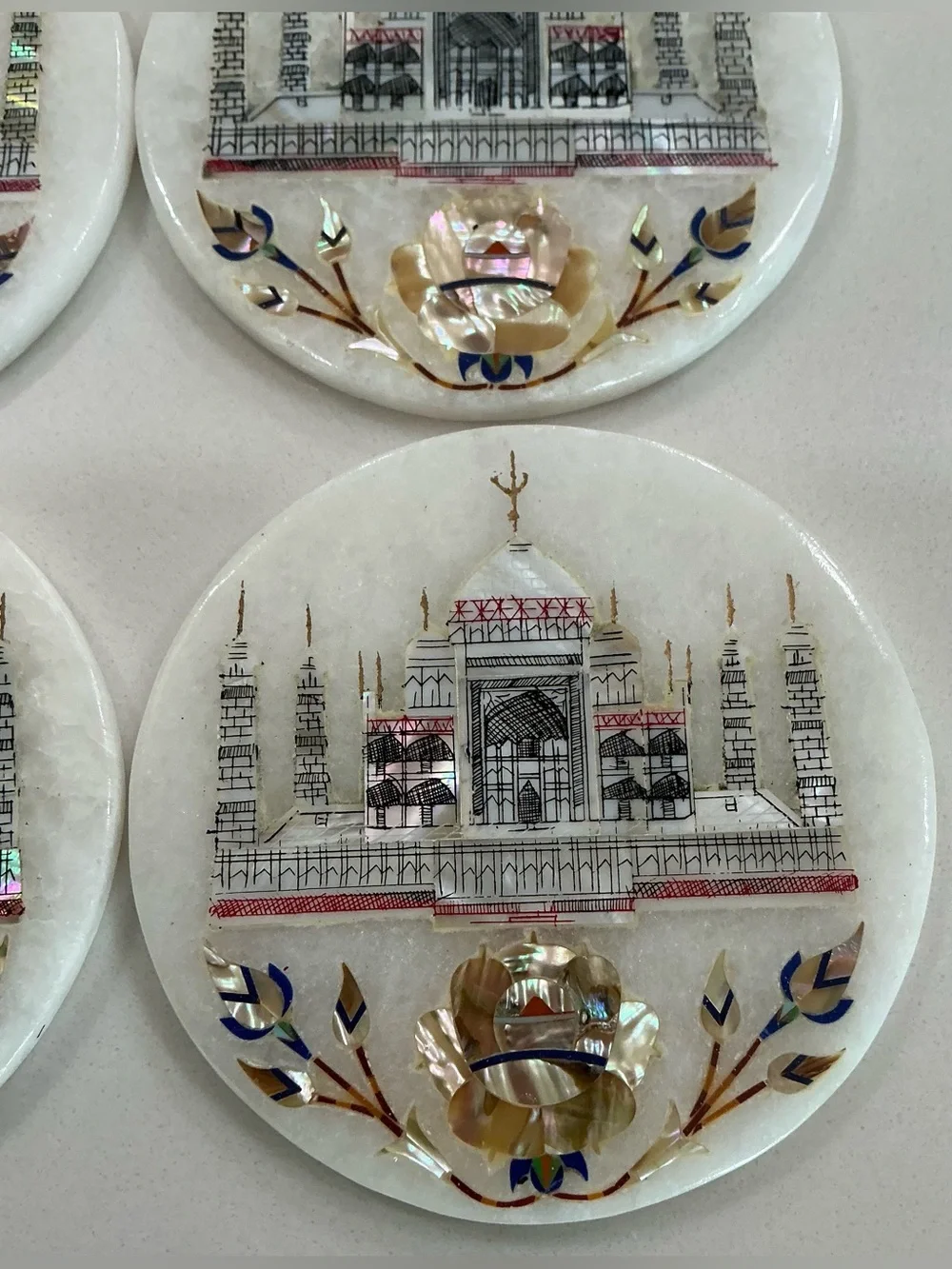 Set 6 Round Marble Tea Coaster Set Taj Mahal Art Gift-able Coaster for Eid 4.5”
